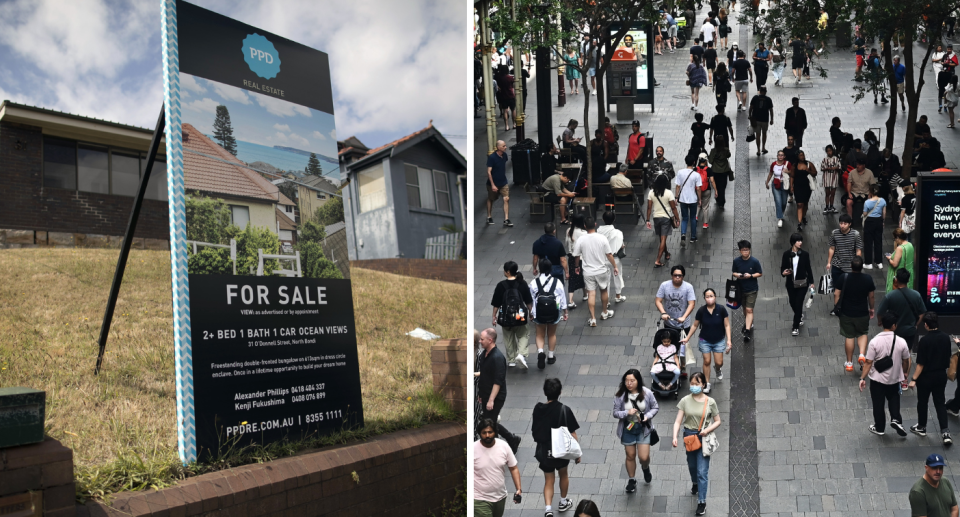 House for sale next to people walking in public