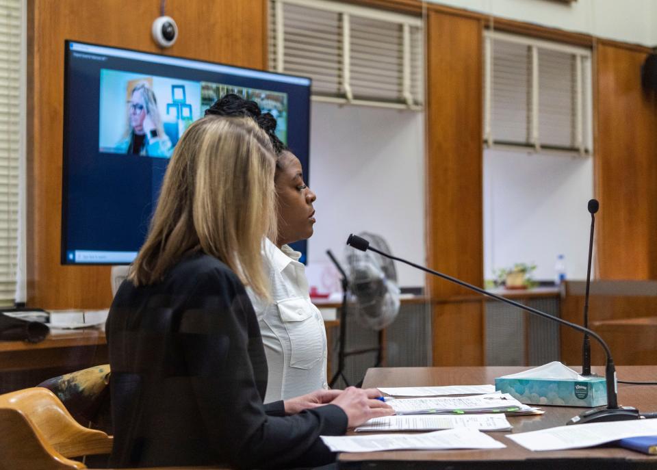 Bianca Coleman (right) is joined by her attorney, Rebecca M. Coffee, as she awaits sentencing in the December 2022 crash that killed pedestrian Dana Williams on Wednesday, April 17, 2024, at the Milwaukee County Safety Building in Milwaukee.