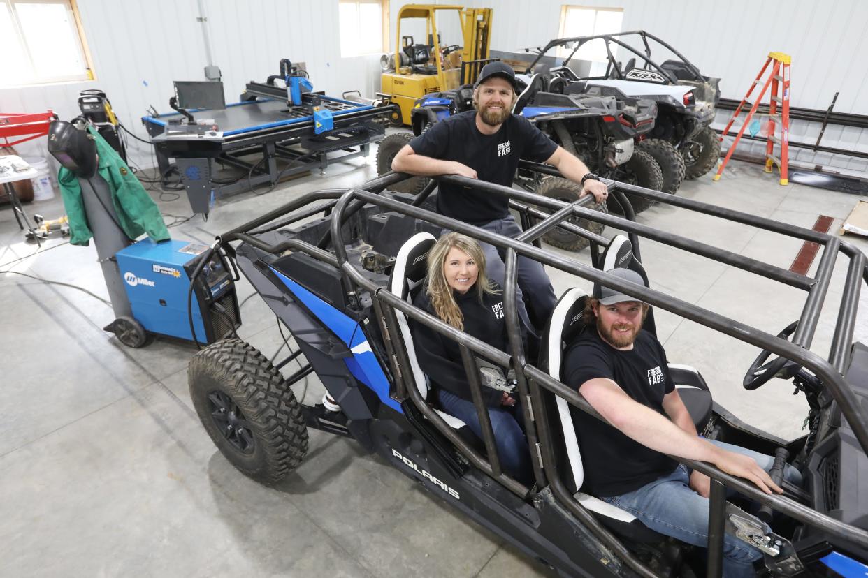 Amber and Morgan Guilliams, left, started Fresno Fabrication, where they make custom parts for side-by-sides with their friend Cody Carnes. One of their products are stronger roll cages for the vehicles, which add both style and safety.
