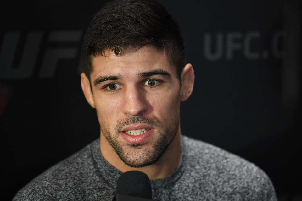 NEW YORK, NEW YORK - OCTOBER 31:  Vicente Luque interacts with media during the UFC 244 Ultimate Media Day on October 31, 2019 in New York City. (Photo by Josh Hedges/Zuffa LLC via Getty Images)