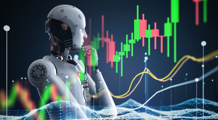 Financial technology concept with 3d rendering robot analyze stock market big data. AI stocks.