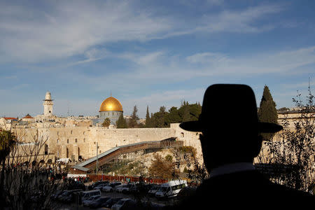 An ultra-Orthodox Jewish man stands at a view-point overlooking a wooden ramp (C) leading up from Judaism's Western Wall to the sacred compound known to Muslims as the Noble Sanctuary and to Jews as Temple Mount, where the al-Aqsa mosque and the Dome of the Rock shrine stand, in Jerusalem's Old City December 12, 2011. REUTERS/Ronen Zvulun/File Photo