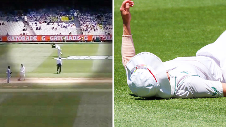 Anrich Nortje, pictured here being wiped out by Spidercam in scary scenes during the Boxing Day Test. 