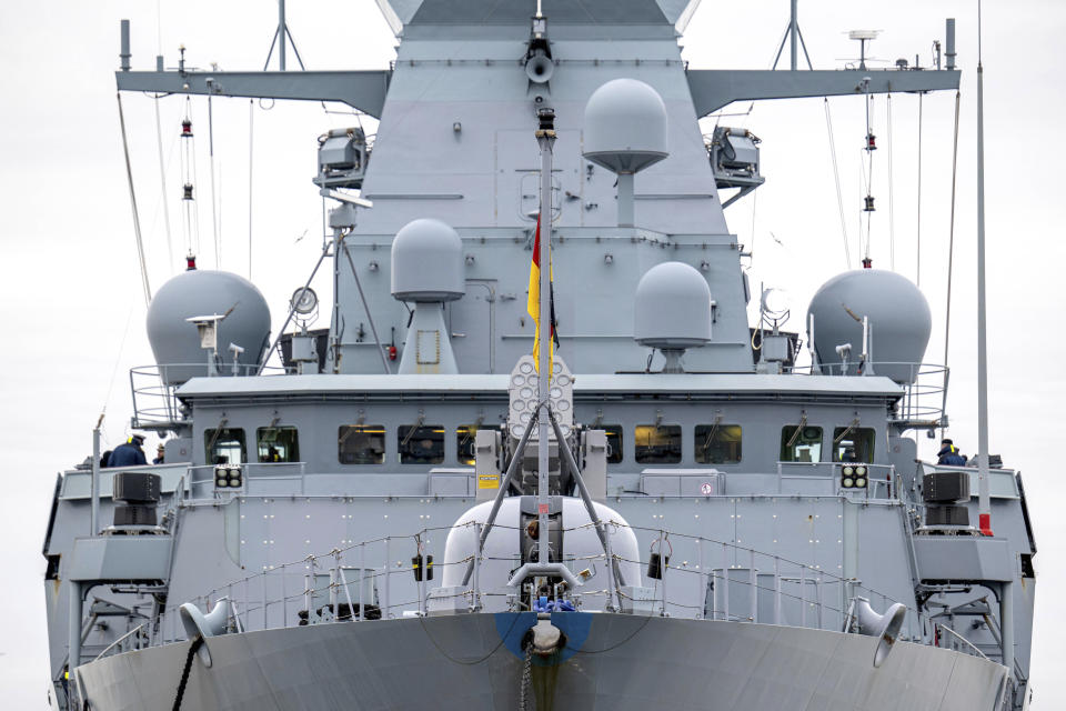 A view of the frigate "Hessen" in the harbour, in Wilhelmshaven, Germany, Thursday, Feb. 8, 2024, prior to departing for the Red Sea. A German Navy frigate set sail on Thursday toward the Red Sea, where Berlin plans to have it take part in a European Union mission to help defend cargo ships against attacks by Houthi rebels in Yemen that are hampering trade. (Sina Schuldt/dpa via AP)