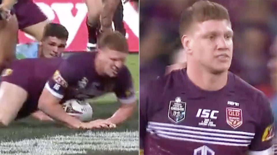 Dylan Napa's attempt was controversially ruled a no-try - irritating Queensland fans. Picture: Channel 9