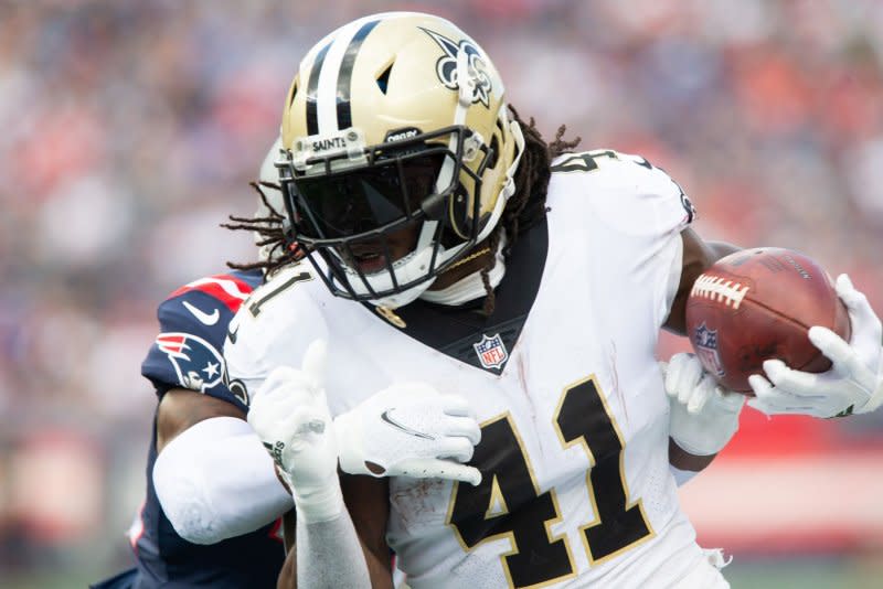 Running back Alvin Kamara and the New Orleans Saints will face a tough New England Patriots defense on Sunday in Foxborough, Mass. File Photo by Matthew Healey/UPI