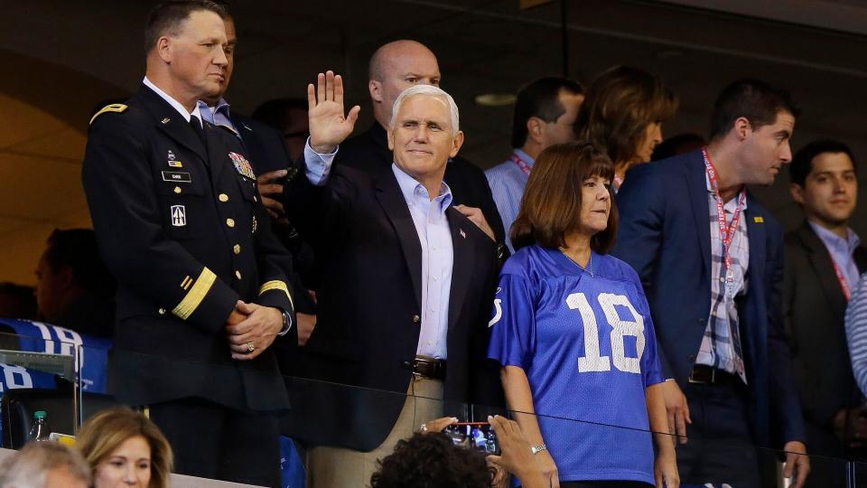 Vice President Mike Pence waves to fans before an NFL football game between the Indianapolis Colts and the San Francisco 49ers, in Indianapolis49ers Colts Football, Indianapolis, USA - 08 Oct 2017.