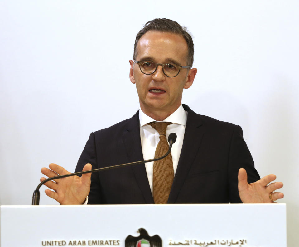 German Foreign Minister Heiko Maas gives a news conference with the foreign minister of the United Arab Emirates, Sheikh Abdullah bin Zayed Al Nahyan, in Abu Dhabi, United Arab Emirates, Sunday, June 9, 2019. Maas visited the UAE as part of a Mideast tour before heading to Iran to discuss heightened regional tensions between Tehran and the U.S. (AP Photo/Jon Gambrell)