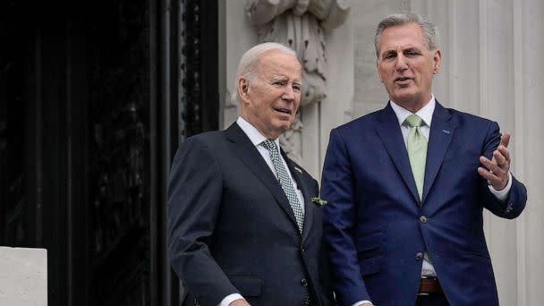 PHOTO: President Joe Biden and Speaker of the House Kevin McCarthy talk as they depart the U.S. Capitol on March 17, 2023 in Washington, D.C. (Drew Angerer/Getty Images, FILE)