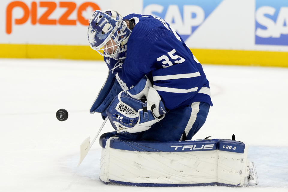 Toronto Maple Leafs goaltender Ilya Samsonov (35) makes a save during the first period of Game 1 of an NHL hockey Stanley Cup second-round playoff series against the Florida Panthers in Toronto, Tuesday, May 2, 2023. (Frank Gunn/The Canadian Press via AP)