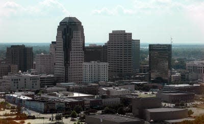 
The Shreveport skyline from the Horseshoe Hotel and Casino in Bossier City. 
