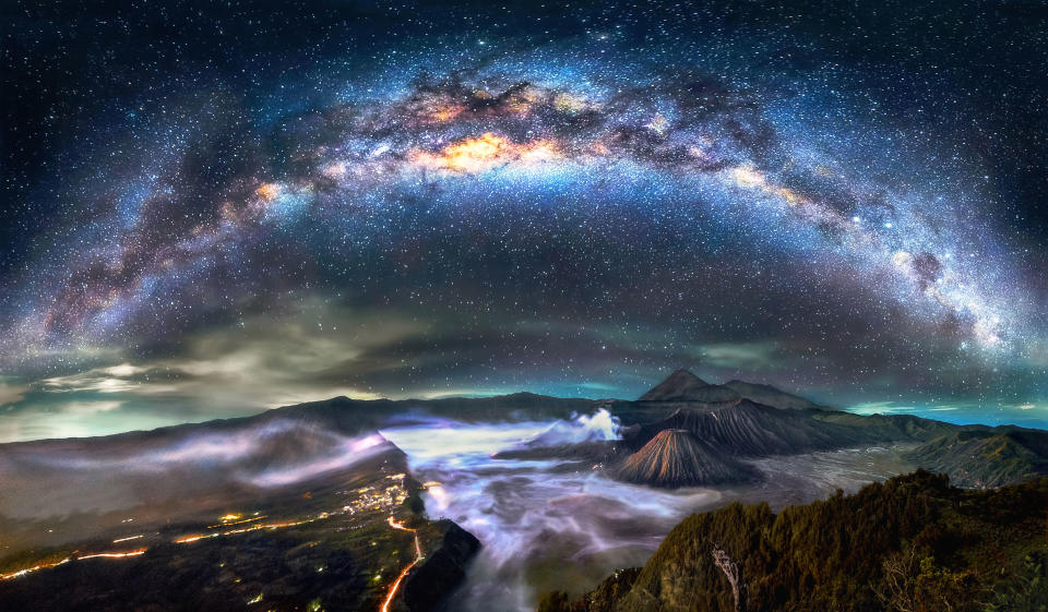 The Milky Way shines down on Mount Fuji