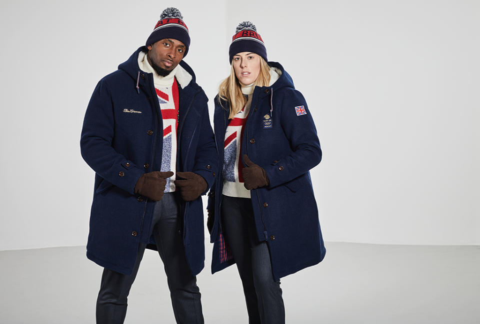 Joel Fearon and Katie Summerhayes in Ben Sherman’s Team GB Opening Ceremony Winter Olympics uniform. - Credit: Courtesy of Ben Sherman