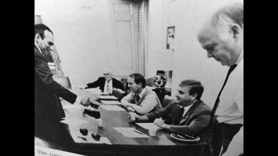 In this photo from the 1980s, Tennessee Gov. Lamar Alexander, center, holds one of his weekly meetings with lawmakers. Left to right, House Republican Leader Jim Henry, Finance and Administration Commissioner Don Jackson, House Democratic Leader Jimmy Naifeh, and Speaker of the House Ned McWherter.