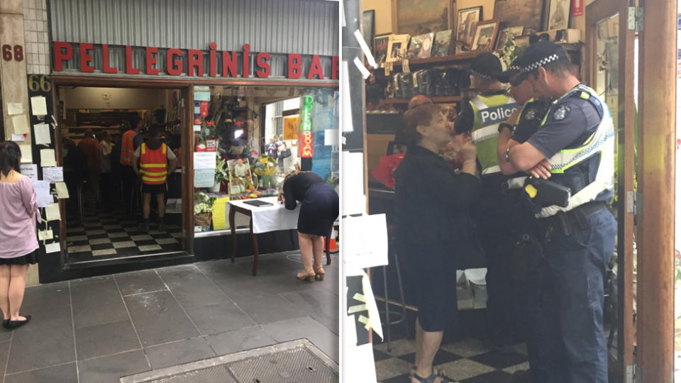Police arrived at the reopening of Pellegrini’s Espresso Bar to pay their respects to Sisto and order his favourite coffee. Images: Twitter/Nick McCallum