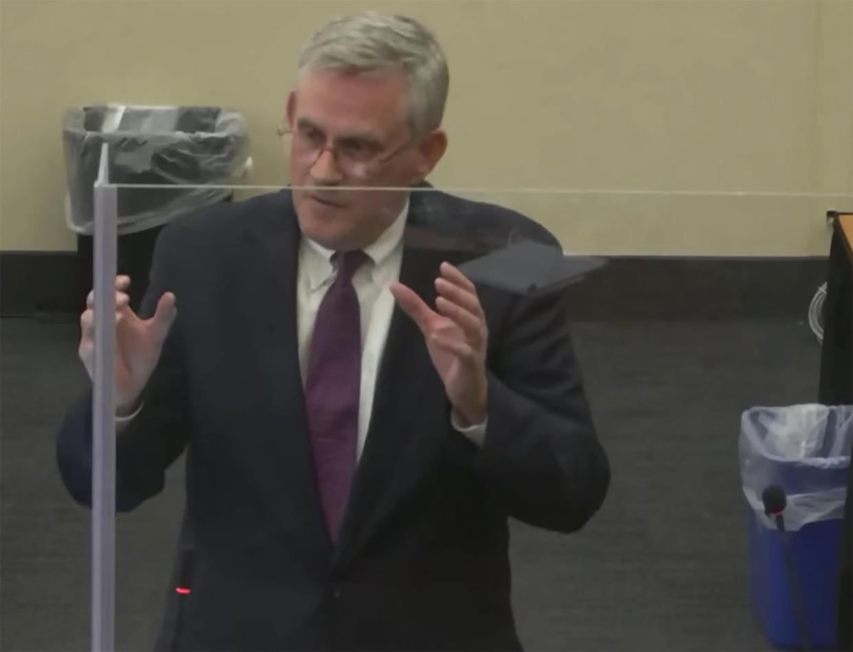 In this screen grab from video, defense attorney Paul Engh delivers an opening statement as Hennepin County Judge Regina Chu presides over court Wednesday, Dec. 8, 2021, in the trial of former Brooklyn Center police Officer Kim Potter in the April 11, 2021, death of Daunte Wright, at the Hennepin County Courthouse in Minneapolis, Minn. (Court TV via AP, Pool)