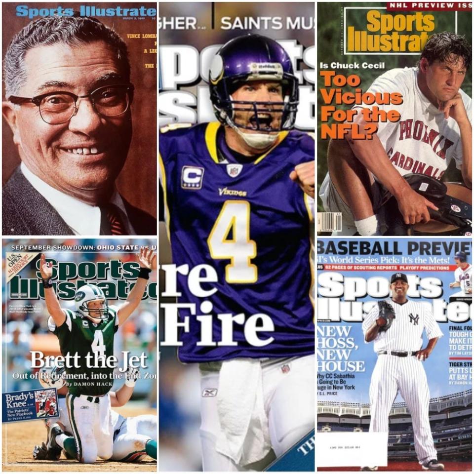 After leaving Wisconsin teams, these sports figures were portrayed on Sports Illustrated (clockwise from left): Vince Lombardi, Brett Favre, Chuck Cecil, CC Sabathia and Favre again.