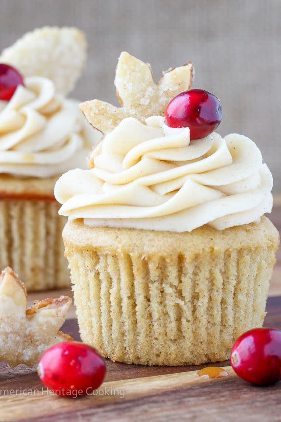 <p>Sure, these holiday-ready cupcakes look pretty, but bite into the spicy cake and you'll discover a fun surprise inside: Each one is packed with delicious apple cider cranberry filling.</p><p><strong>Get the recipe at <a href="http://americanheritagecooking.com/2014/12/spiced-apple-cider-cranberry-cupcakes/" rel="nofollow noopener" target="_blank" data-ylk="slk:American Heritage Cooking;elm:context_link;itc:0;sec:content-canvas" class="link ">American Heritage Cooking</a>.</strong></p>
