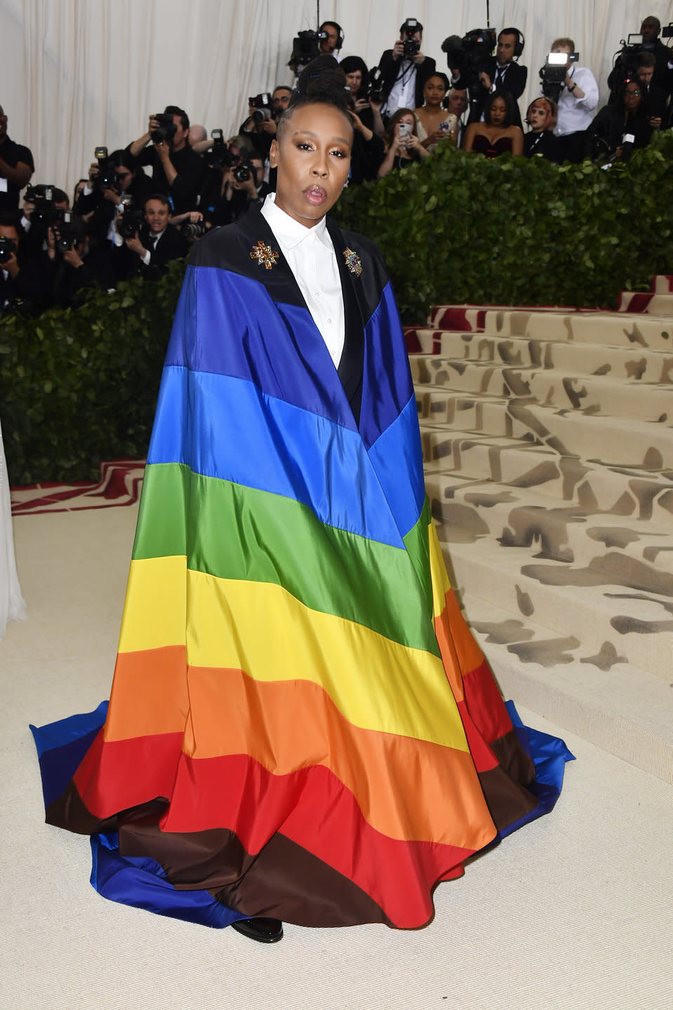 The actress and screenwriter wears custom Carolina Hererra at the Met Gala.&nbsp;