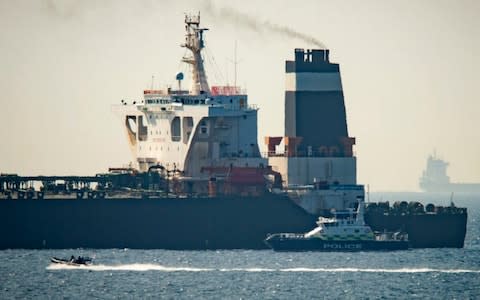 A view of the Grace 1 super tanker i near a Royal Marine patrol vessel in the British territory of Gibraltar, - Credit: &nbsp;Marcos Moreno/&nbsp;AP