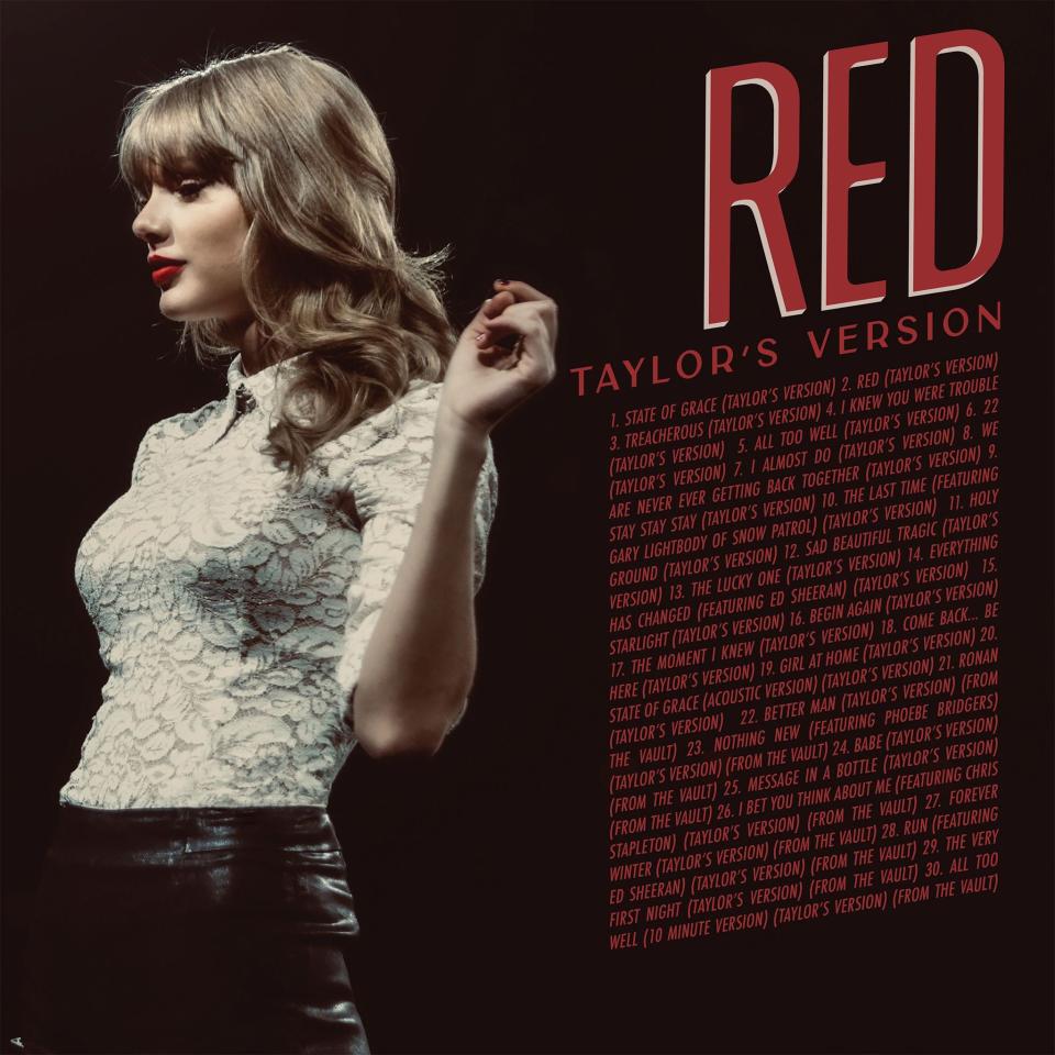 The back cover of "Red (Taylor's Version)," depicting the 30 songs included on Swift's rerecorded version of her 2012 album.