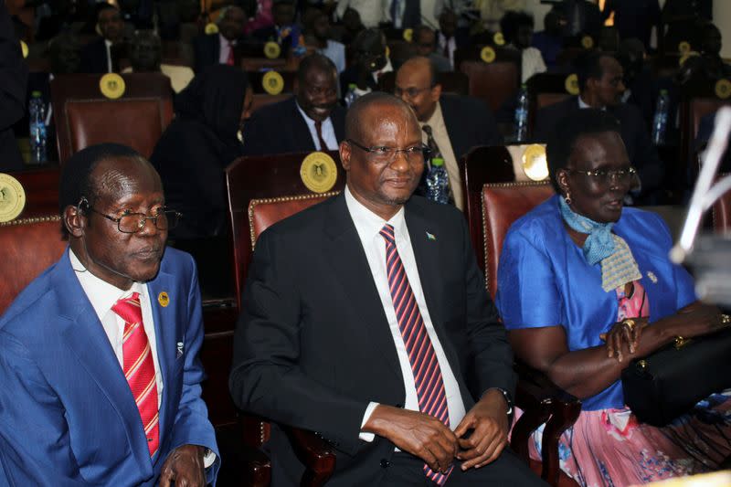 South Sudan’s Second Vice President James Wani Igga, Third Vice President Taban Deng Gai and Fourth Vice President Rebecca Garang attend their oath of office ceremony at the State House in Juba