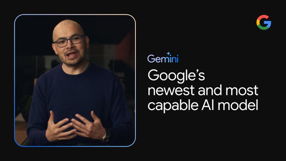 A person introduces Google Gemini next to text saying it is 