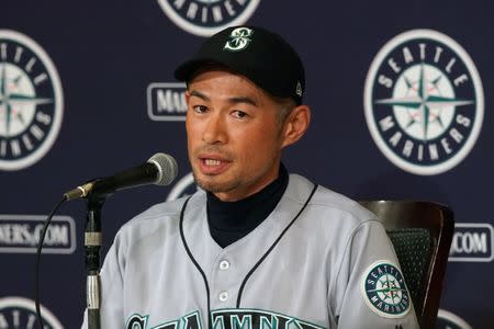 Mar 21, 2019; Tokyo,JPN; Seattle Mariners right fielder Ichiro Suzuki (51) speaks during a press conference after the game against the Oakland Athletics at Tokyo Dome. Mandatory Credit: Darren Yamashita-USA TODAY Sports