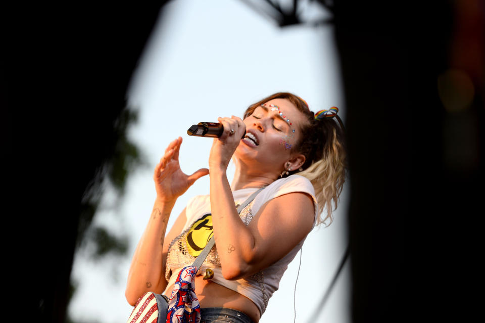 LGBT rights advocate Miley Cyrus performs on the Capitol Stage for Pride Festival. Cyrus is pansexual-identified and is the founder of the Happy Hippy Foundation for vulnerable populations like the LGBTQ community. Mandatory Credit: Mary Mathis-USA TODAY NETWORK *** Please Use Credit from Credit Field ***