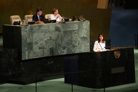 U.S. Ambassador to the United Nations Nikki Haley addresses a United Nations General Assembly meeting ahead of a vote on a draft resolution that would deplore the use of excessive force by Israeli troops against Palestinian civilians at U.N. headquarters in New York, U.S., June 13, 2018. REUTERS/Mike Segar