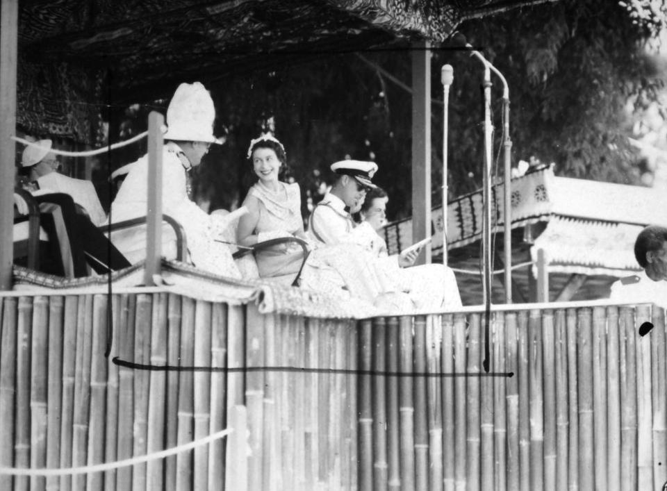 Queen Elizabeth and the Duke of Edinburgh in Albert Park, Suva, on their own royal tour in 1953
