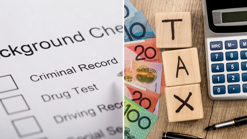 A background check application form and a desktop with Australian money, three cubes spelling tax and calculator.