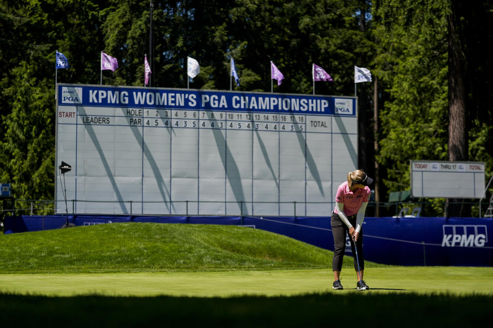 Brooke M. Henderson, of Canada, putts on the green on the 18th hole during a practice round for the Womens PGA Championship golf tournament at Sahalee Country Club, Wednesday, June 19, 2024, in Sammamish, Wash. (AP Photo/Lindsey Wasson)