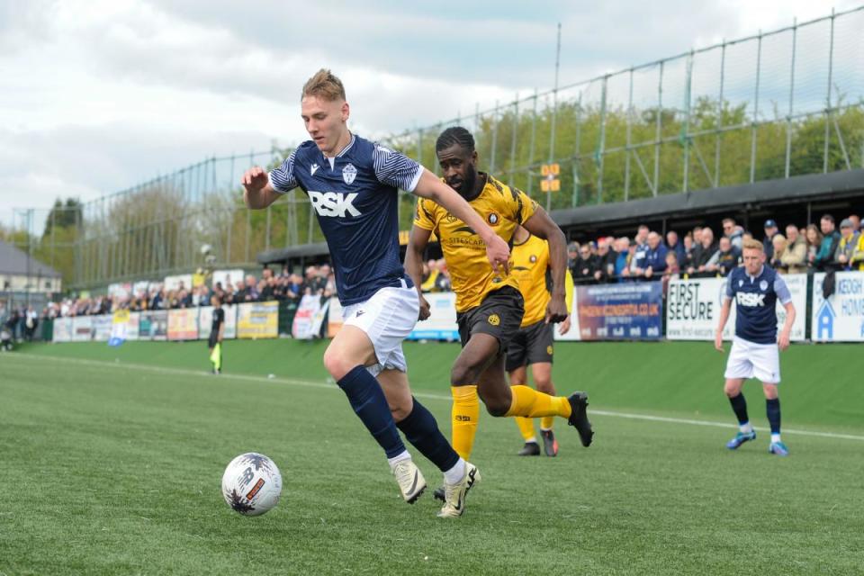 Kacper Pasiek in action during Warrington Town's final-day draw at Rushall Olympic <i>(Image: Sean Walsh)</i>