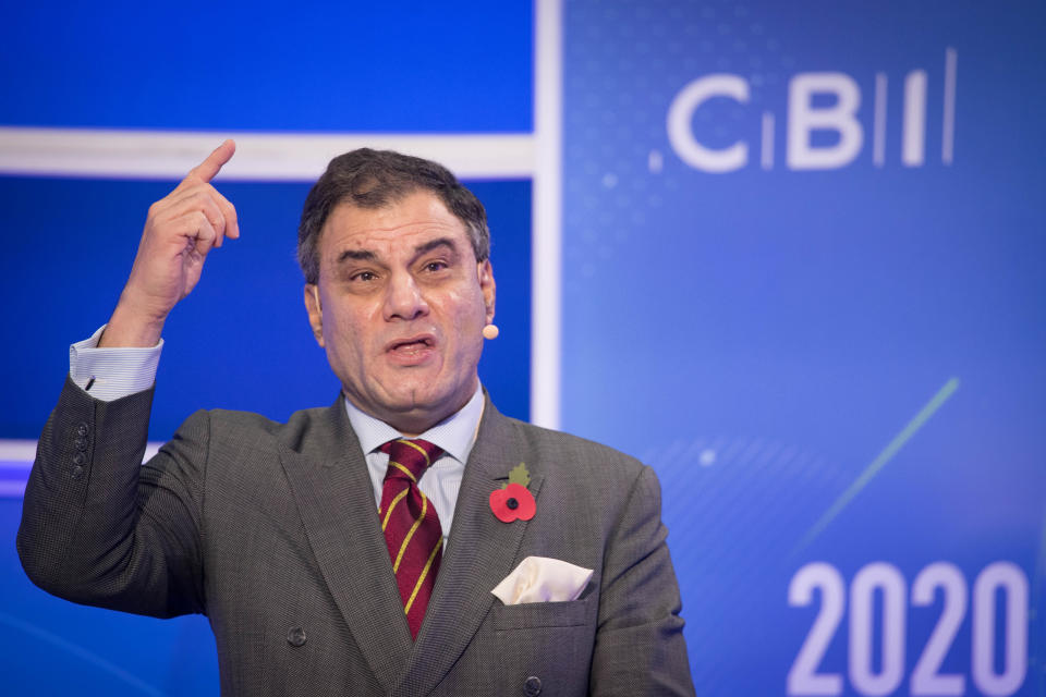 President of the CBI, Lord Karan Bilimoria makes his keynote speech to the CBI annual conference at ITN Headquarters in central London. (Photo by Stefan Rousseau/PA Images via Getty Images)