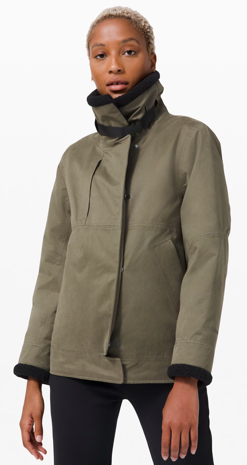 Resolute Warmth Jacket in Fatigue Green/Black (Photo via Lululemon Athletica)   