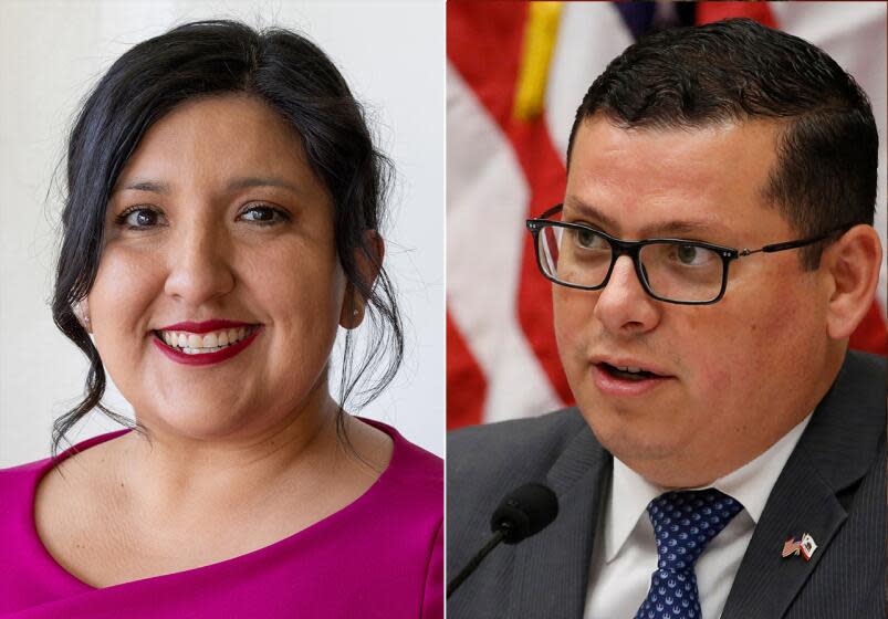 Bakersfield, CA - February 16: State Sen. Melissa Hurtado (D-Sanger), sits for a portrait in a Bakersfield cafe on Friday, Feb. 16, 2024 in Bakersfield, CA. Hurtado is running for the 22nd Congressional District in a competitive primary, which includes a well-backed Democratic candidate, Rudy Salas. (Brian van der Brug / Los Angeles Times). Right, Aug. 2019 photo of Assemblyman Rudy Salas Jr. during a hearing in Sacramento, Calif. (Jacquelyn Martin; Rich Pedroncelli / Associated Press)