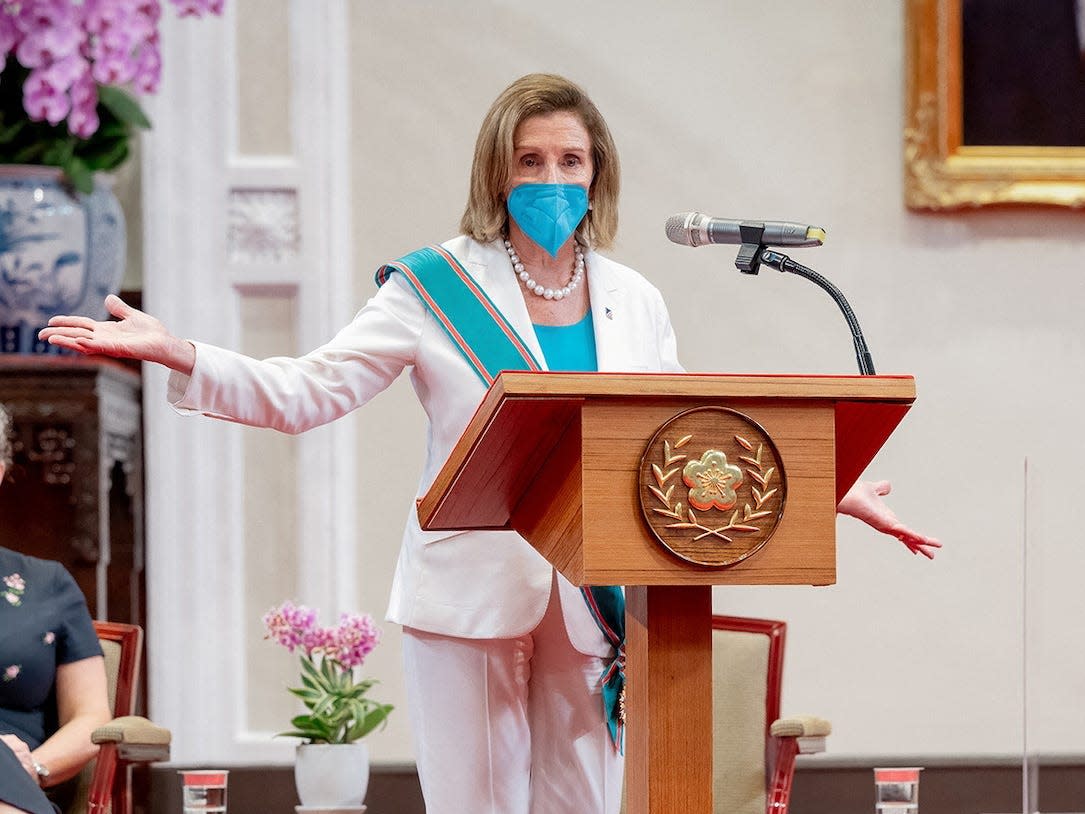 Nancy Pelosi speaking at the presidential palace in Taipei, Taiwan