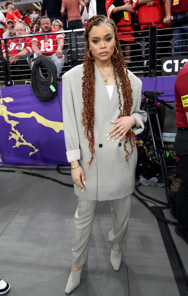 LAS VEGAS, NEVADA - FEBRUARY 11: Andra Day attends the Super Bowl LVIII Pregame at Allegiant Stadium on February 11, 2024 in Las Vegas, Nevada. (Photo by Kevin Mazur/Getty Images for Roc Nation)