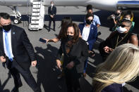 Democratic vice presidential candidate Sen. Kamala Harris, D-Calif., finishes speaking with reporters on the way to a campaign event, Friday, Oct. 23, 2020, in Atlanta. (AP Photo/John Amis)