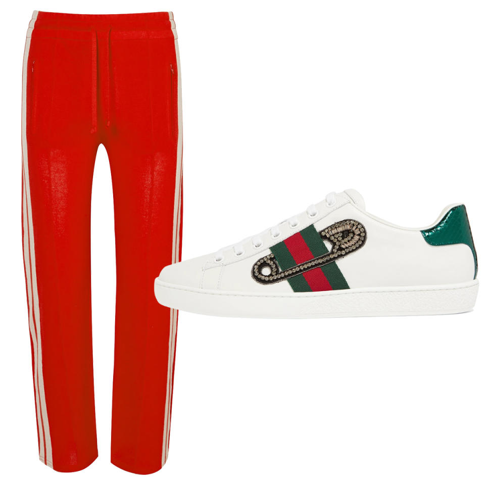 Red Striped Jersey pants with embellished leather sneakers