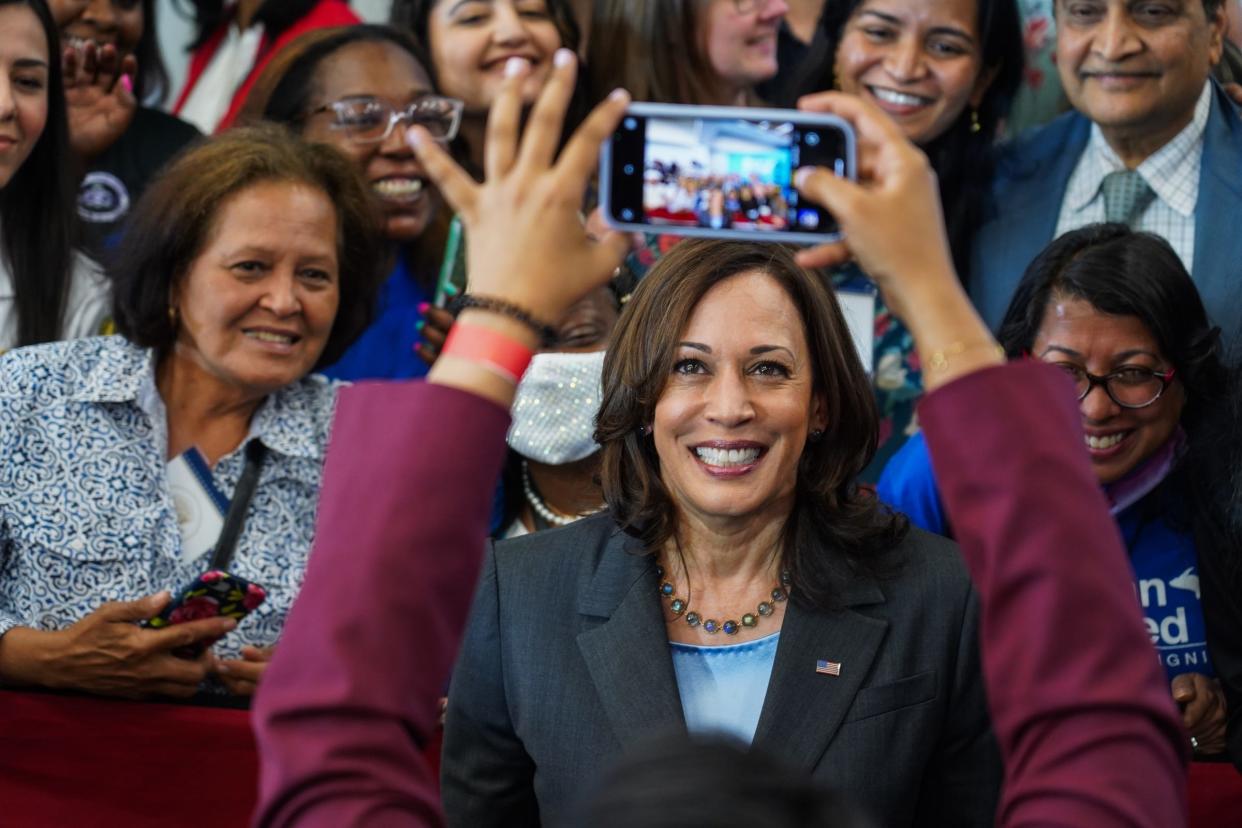 Vice President Kamala Harris takes a photo with supporters after speaking during a vaccine mobilization event at the TCF Center in downtown Detroit on Monday, July 12, 2021.  