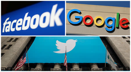 Facebook, Google and Twitter logos are seen in this combination photo from Reuters files. REUTERS/File Photos