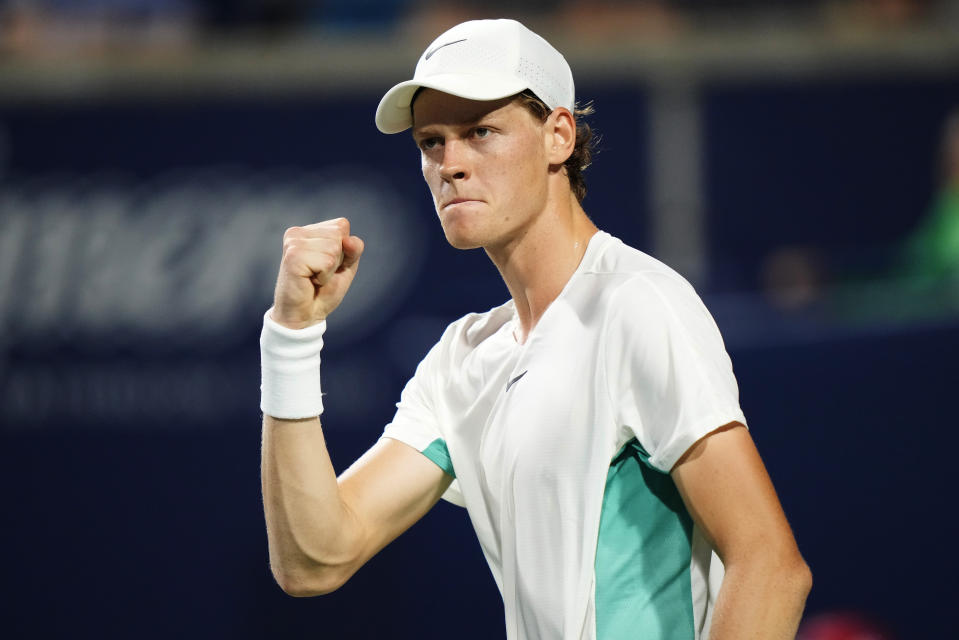 Jannik Sinner, of Italy, celebrates after winning the first set against Tommy Paul, of the United States, during the semifinals of the National Bank Open men’s tennis tournament Saturday, Aug. 12, 2023, in Toronto. (Frank Gunn/The Canadian Press via AP)