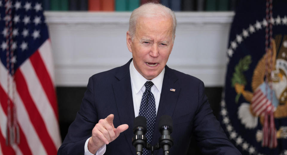 President Joe Biden gives an update from the Roosevelt Room of the White House about Russia and Ukraine.