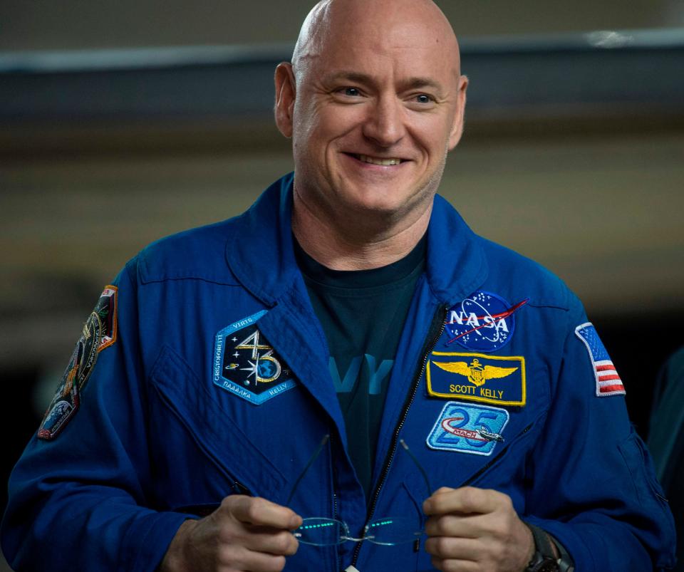 In this image released by NASA, Expedition 46 Commander Scott Kelly of NASA is seen after returning to Ellington Field on March 3, 2016 in Houston, Texas after his return to Earth the previous day.