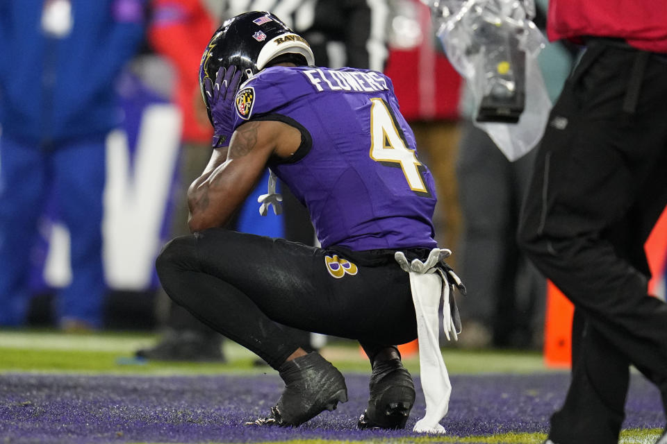 Baltimore Ravens wide receiver Zay Flowers (4) reacts after fumbling into the end zone for a touchback against the Kansas City Chiefs during the second half of an AFC Championship NFL football game, Sunday, Jan. 28, 2024, in Baltimore. (AP Photo/Julio Cortez)