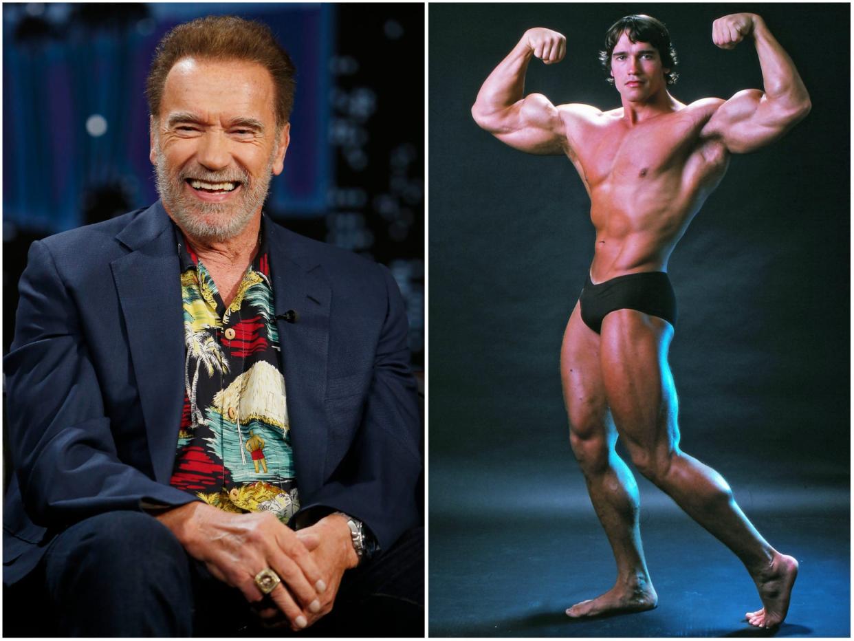 Arnold Schwarzenegger in 2022 and 1975.