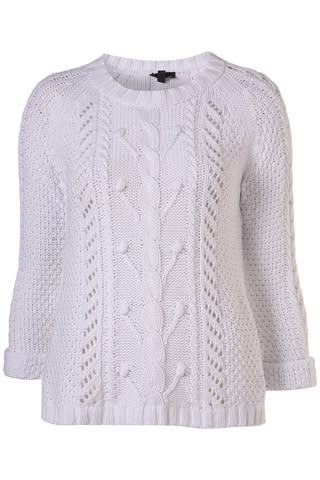 Knitted white cable jumper, $76, at Topshop
