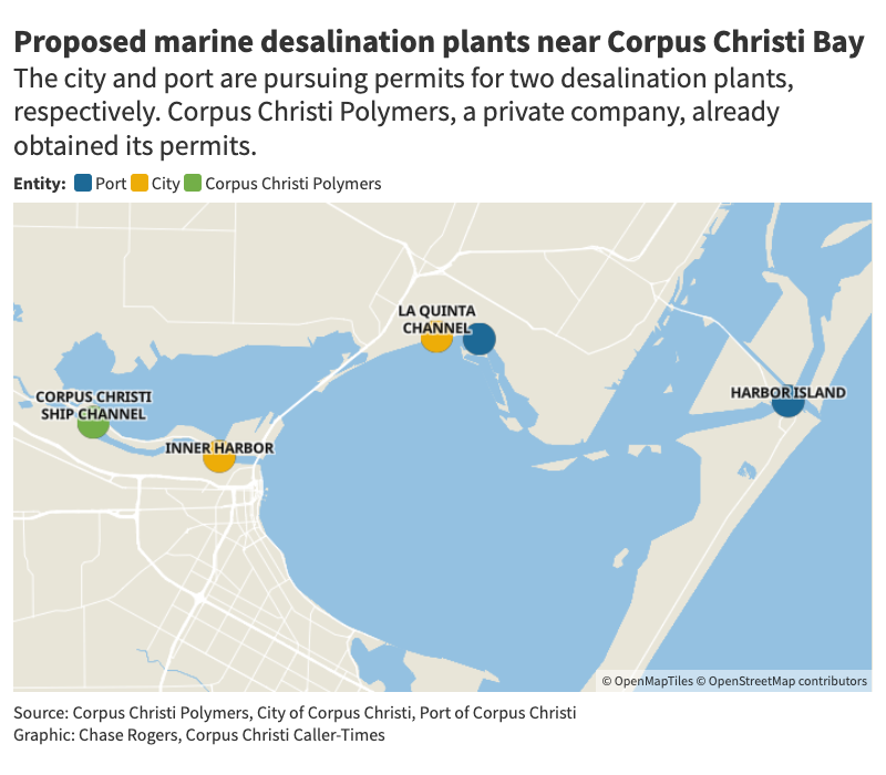 Graphic showing proposed locations of large-scale marine desalination facilities near Corpus Christi and in Nueces and San Patricio counties.